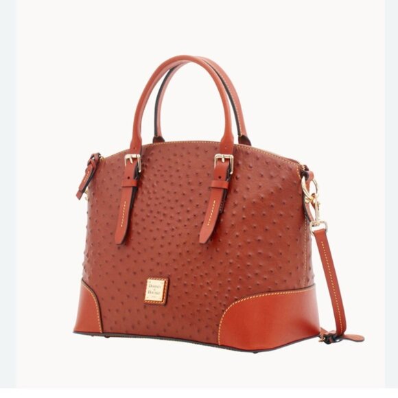 Dooney & Bourke Ostrich Domed Satchel Cognac Shoulder Leather Handbag Purse - Picture 2 of 14